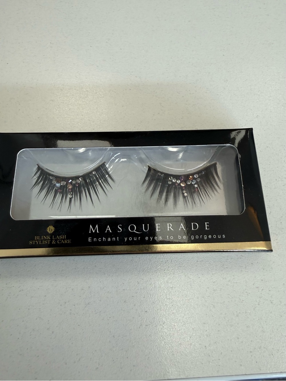 Masquerade Black False Eyelashes with Clear and Pink Rhinestones